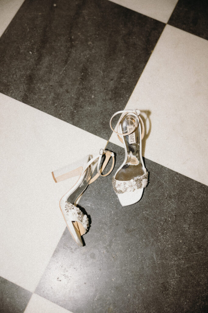 Detail shot of Bride's shoes on the Chicago History Museum checkered floor